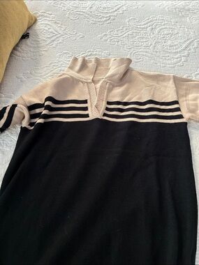 Beige and Black Striped Women’s Sweater - Classic Mock Neck